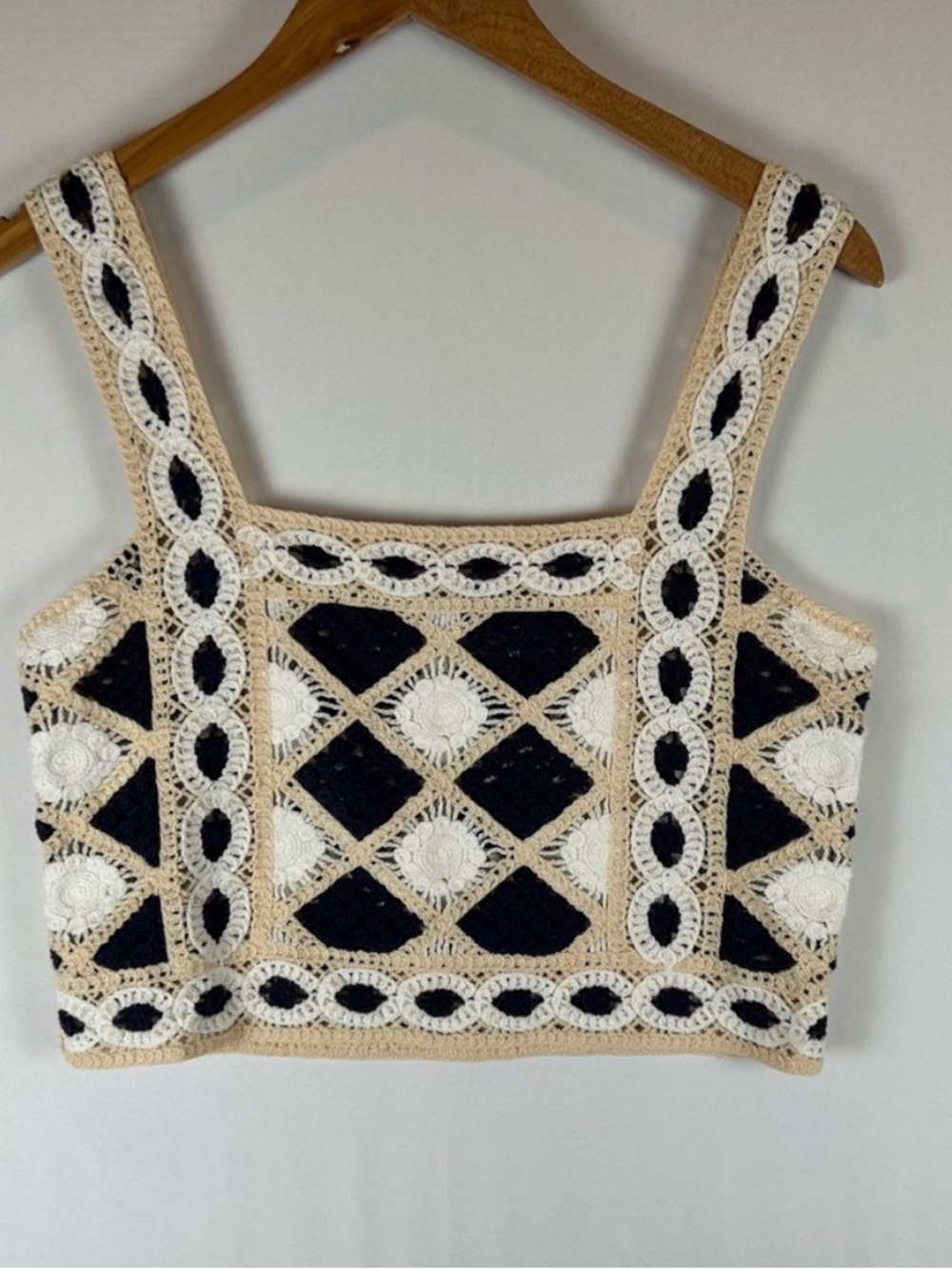 Primark Crochet Crop Top Small S Blue White Beige Sleeveless‎ Square Neck